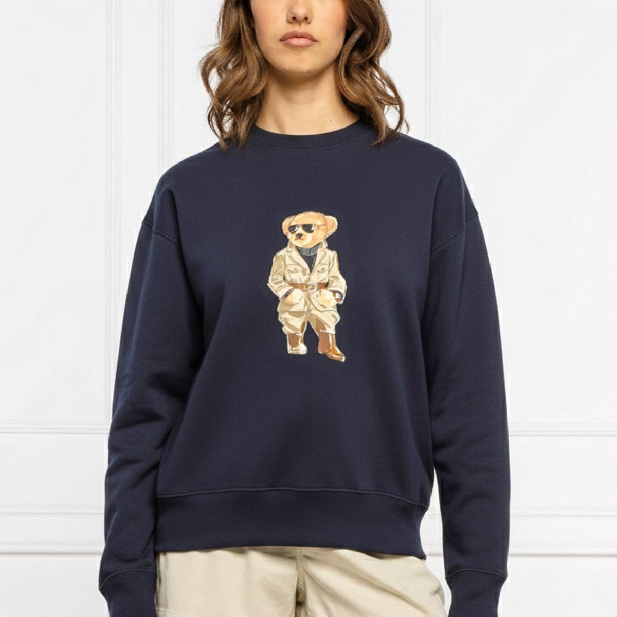Kadın Oversize Sweatshirt Trench Bear Baskılı Lacivert – Bisiklet Yaka, 3 İplik Şardonlu