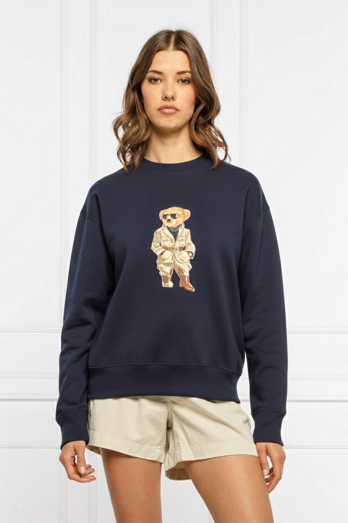 Kadın Oversize Sweatshirt Trench Bear Baskılı Lacivert – Bisiklet Yaka, 3 İplik Şardonlu