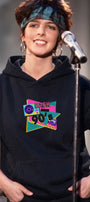 Kadın Oversize Hoodie Back To The 90’s Baskılı Siyah - Kapüşonlu, Kanguru Cepli, 3 İplik Polar