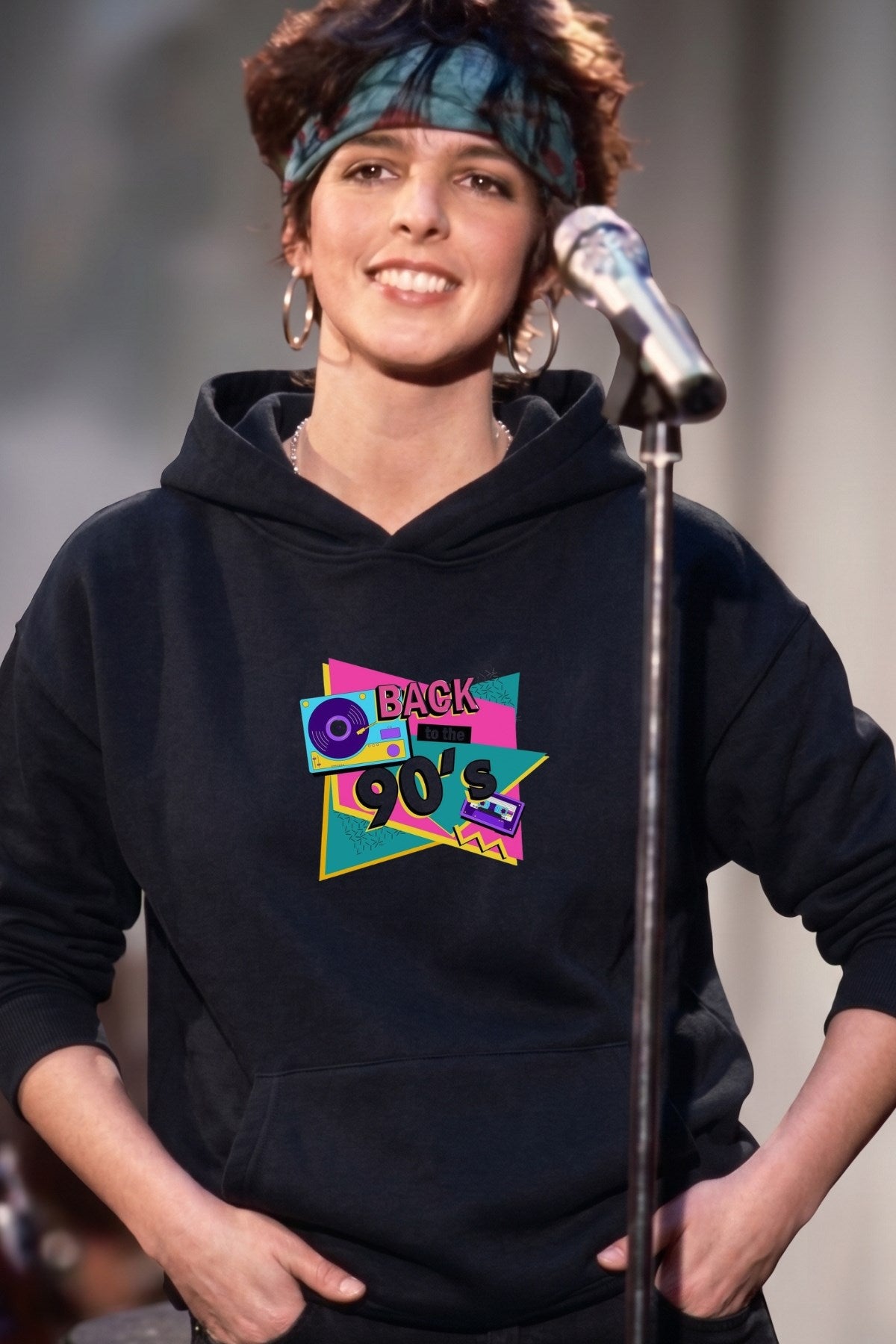 Kadın Oversize Hoodie Back To The 90’s Baskılı Siyah - Kapüşonlu, Kanguru Cepli, 3 İplik Polar