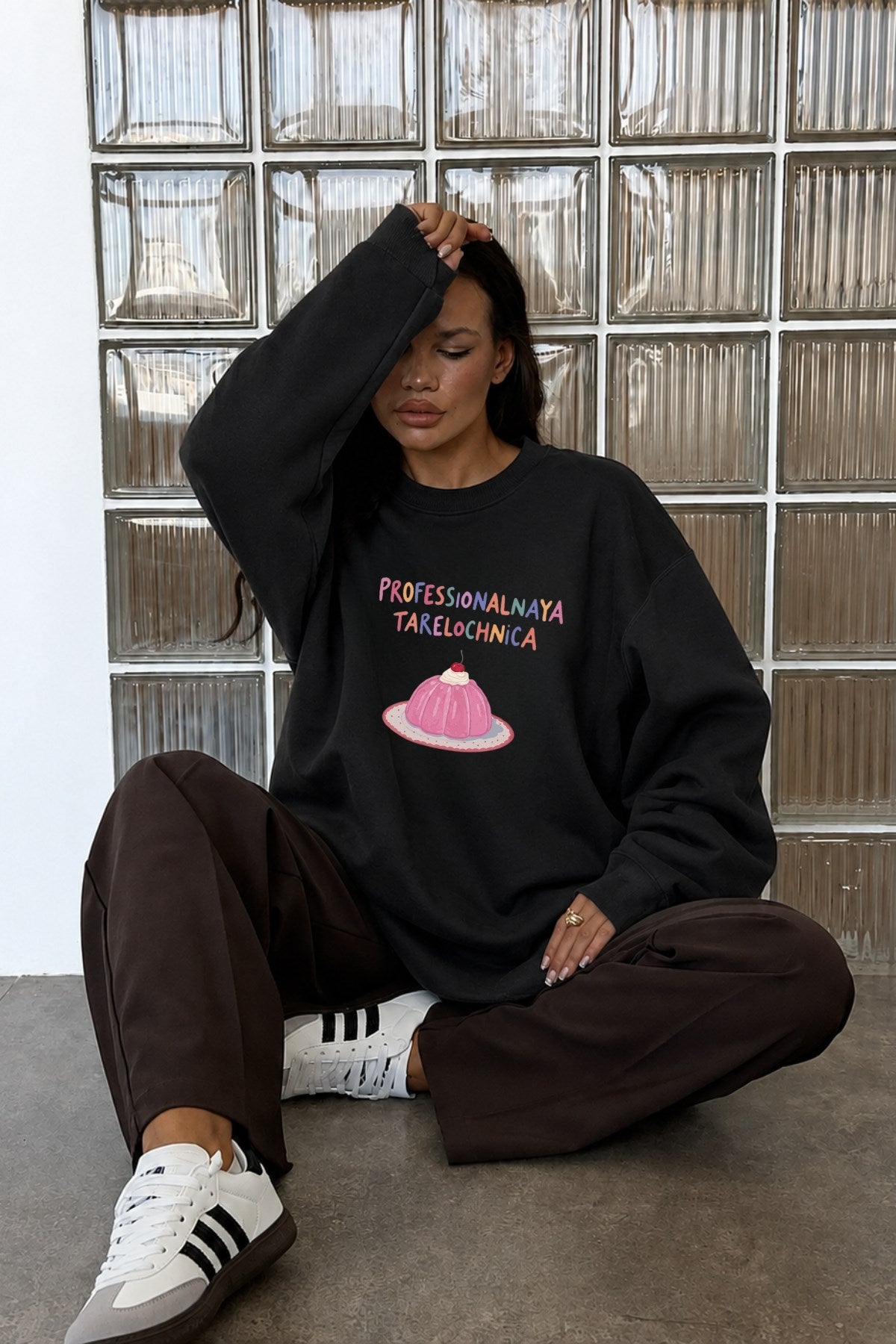 Kadın Oversize Sweatshirt Elbise Sweet Mood Baskılı Siyah – Bisiklet Yaka, 3 İplik Şardonlu Polar