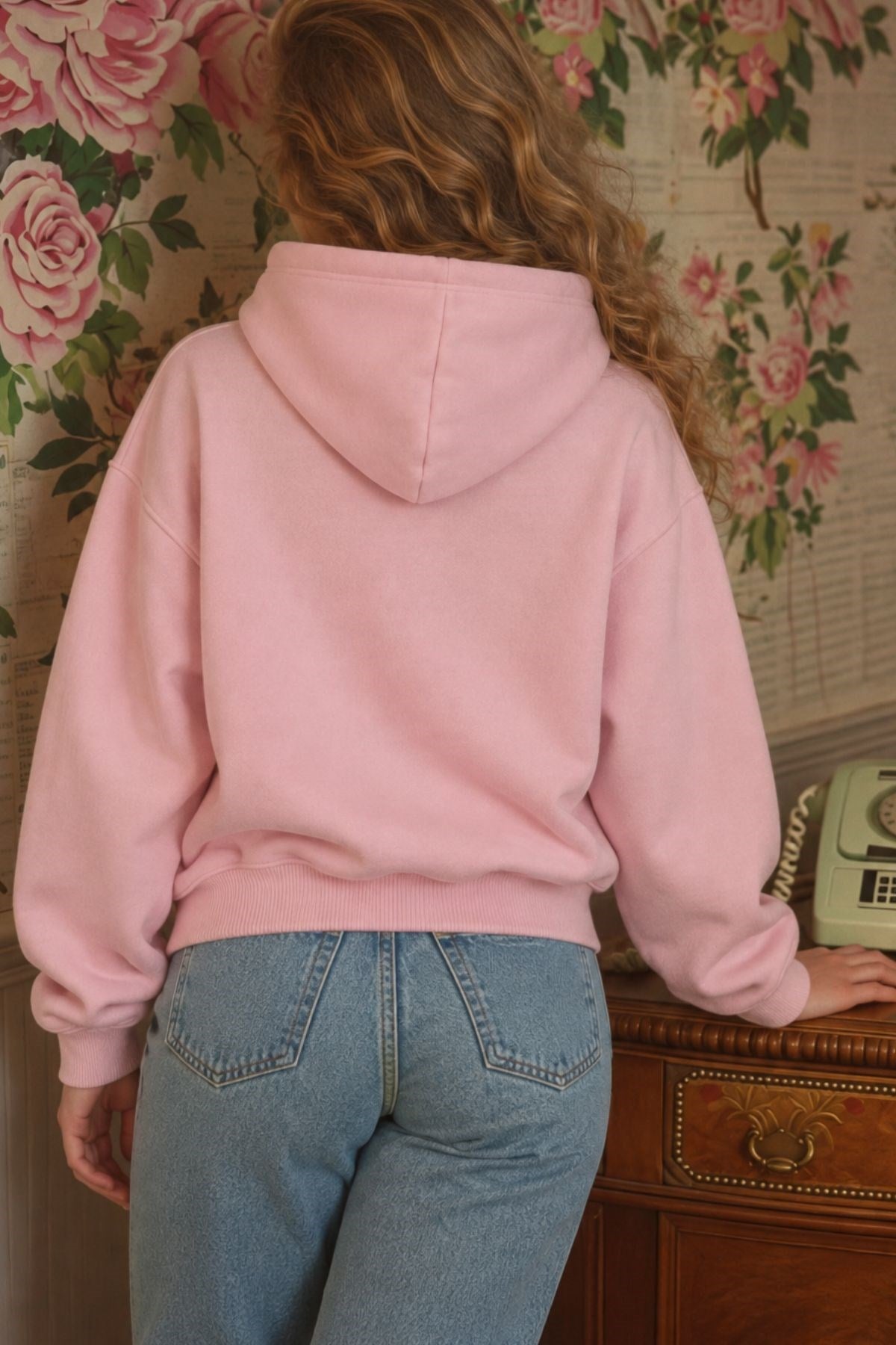 Kadın Oversize Hoodie Back To The 90’s Baskılı Pembe - Kapüşonlu, Kanguru Cepli, 3 İplik Polar