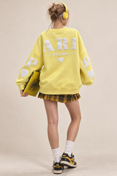 Kadın Oversize Sweatshirt Paris 3D Baskılı Sarı – Bisiklet Yaka, Kol ve Sırt Baskılı, 3 İplik