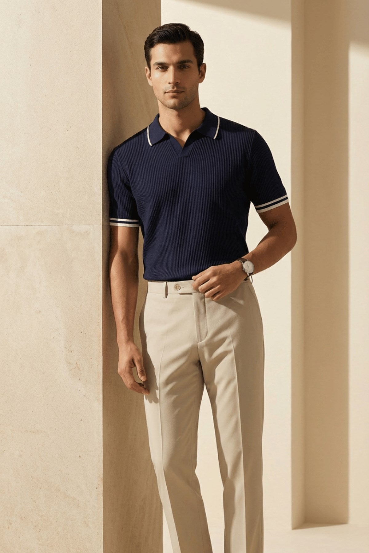 Erkek Fitilli Triko Polo Yaka Tişört Lacivert - Polo Çizgili Yaka, Fit, Yazlık, Örme