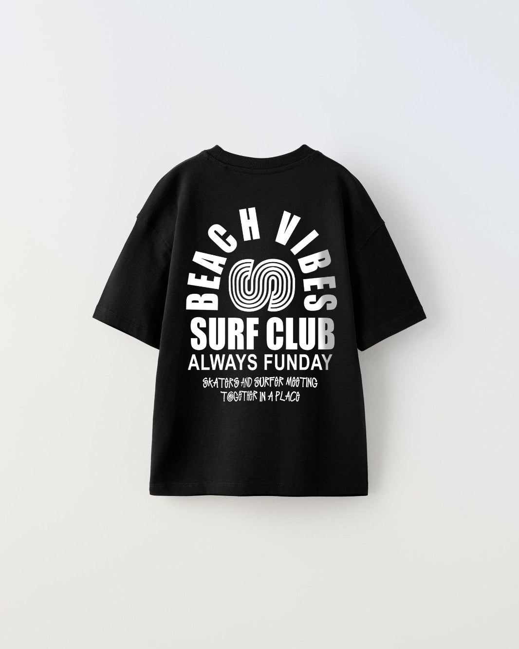 Beach Vıbes Surf Club Yazılı Ters S Tasarım Baskılı Siyah Unisex Çocuk T-Shirt