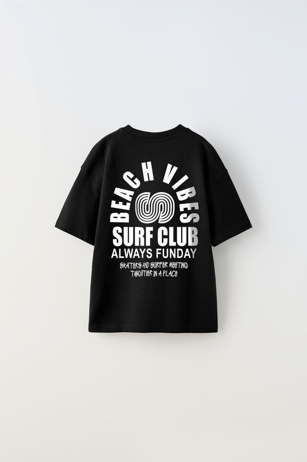 The Champ Beach Vıbes Surf Club Yazılı Ters S Tasarım Baskılı Siyah Unisex Çocuk T-Shirt