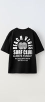 Beach Vıbes Surf Club Yazılı Ters S Tasarım Baskılı Siyah Unisex Çocuk T-Shirt