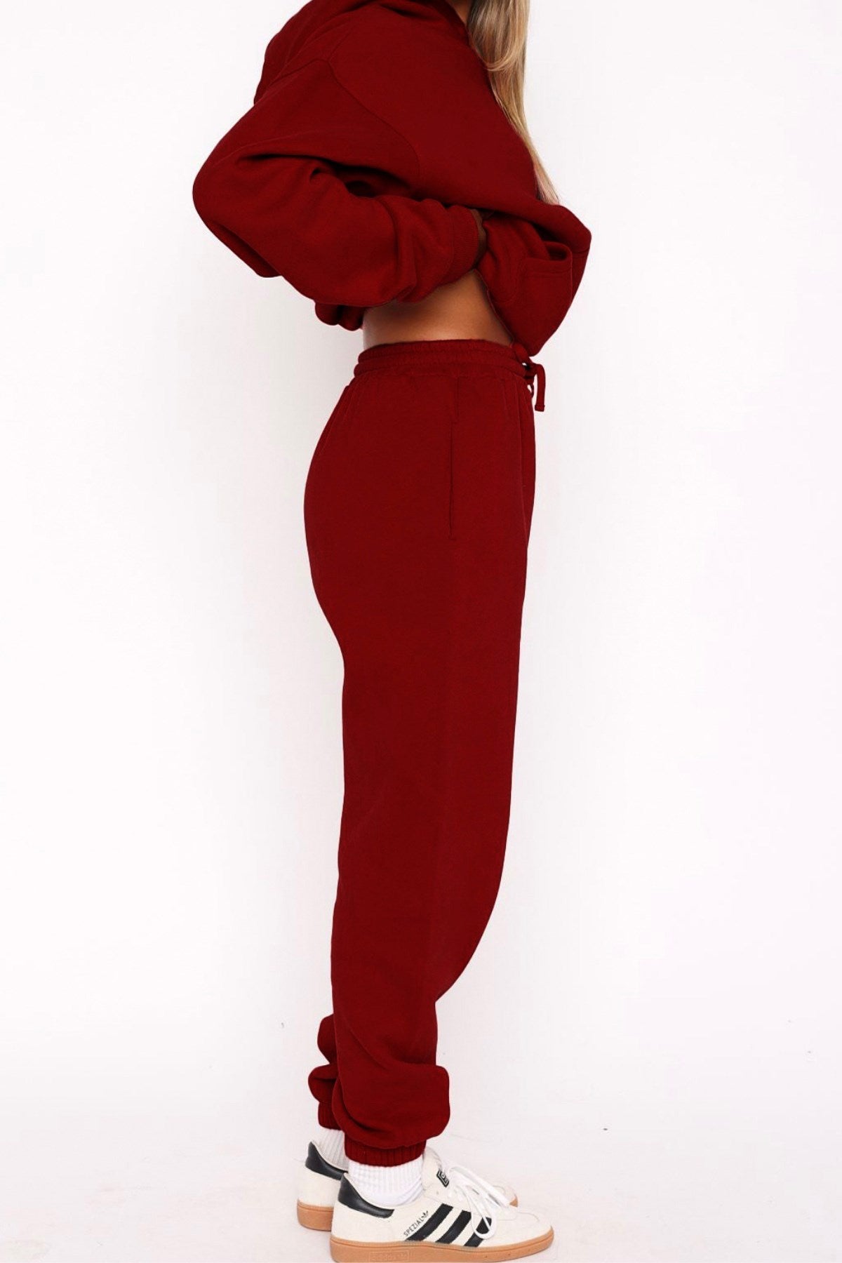  Oversize Unisex Eşofman Takımı Bordo – Basic, 3 İplik Şardonlu Polar; Kapüşonlu Üst, Lastikli Alt