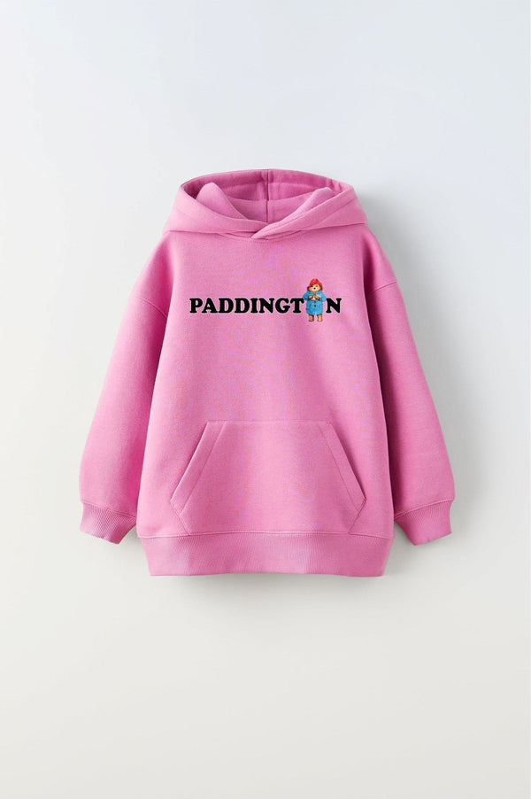 Kapüşonlu İçi Polar Paddington Yazılı Ayı Figür Baskılı Pembe Unisex Çocuk Hoodie Sweatshirt