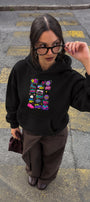 Kadın Oversize Hoodie Sweatshirt 90s Pop Patch Baskılı Siyah – Kapüşonlu, Kanguru Cepli, 3 İplik