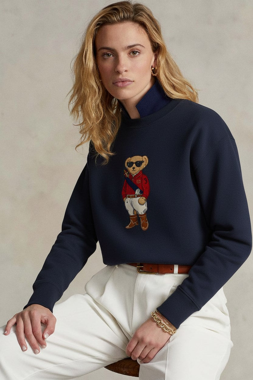 Kadın Oversize Sweatshirt Regatta Bear Baskılı Lacivert – Bisiklet Yaka, 3 İplik Şardonlu