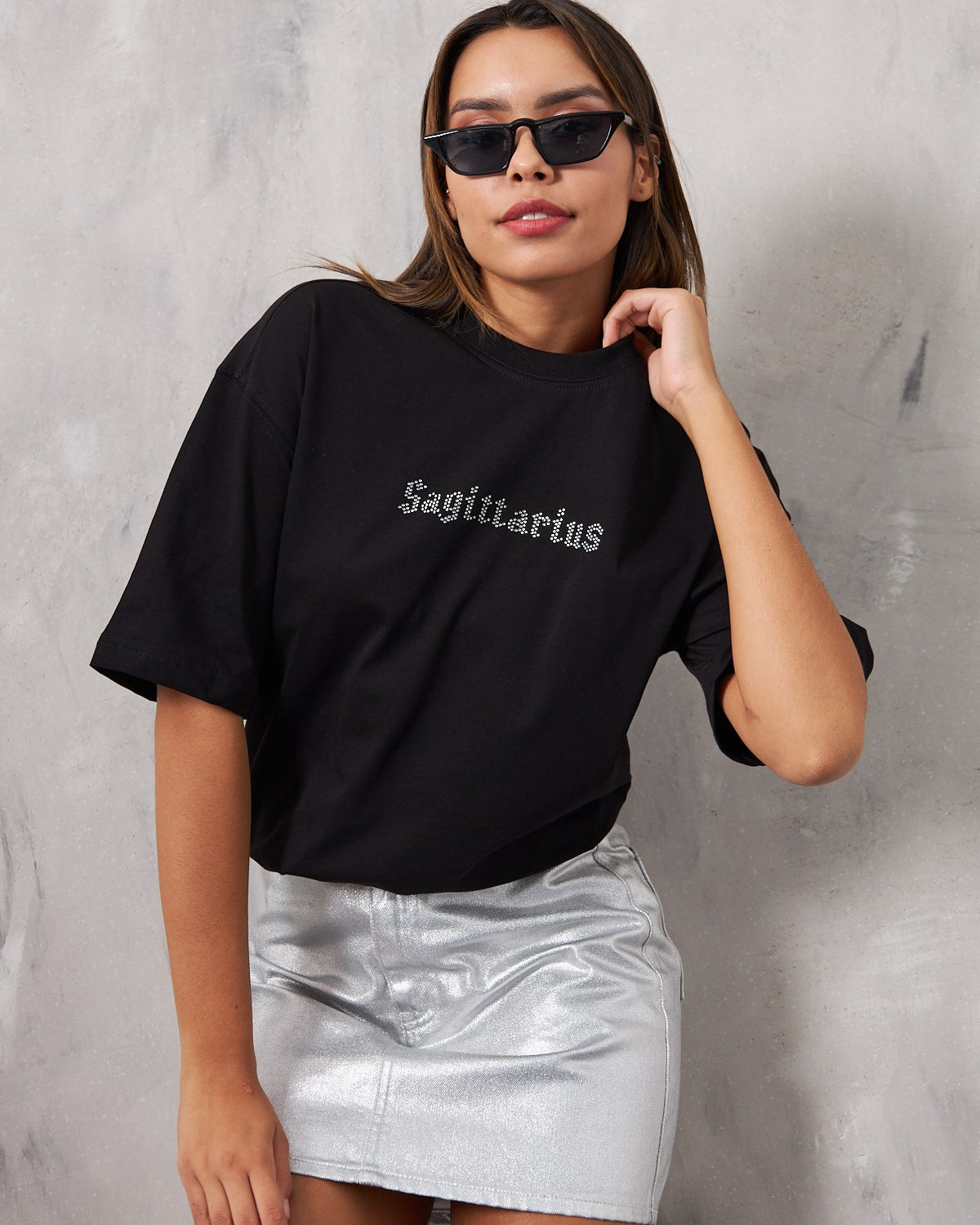 Sagittarius Yazılı Taş Baskılı Siyah Kadın T-Shirt