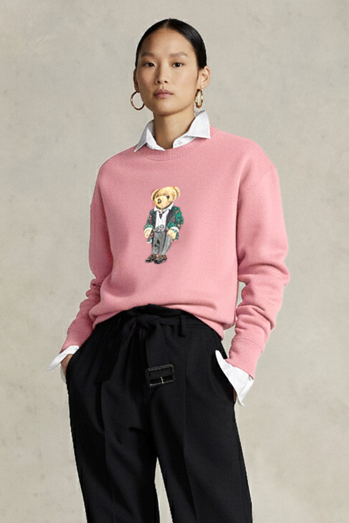 Kadın Oversize Sweatshirt Parisian Bear Baskılı Pembe – Bisiklet Yaka, 3 İplik Şardonlu 