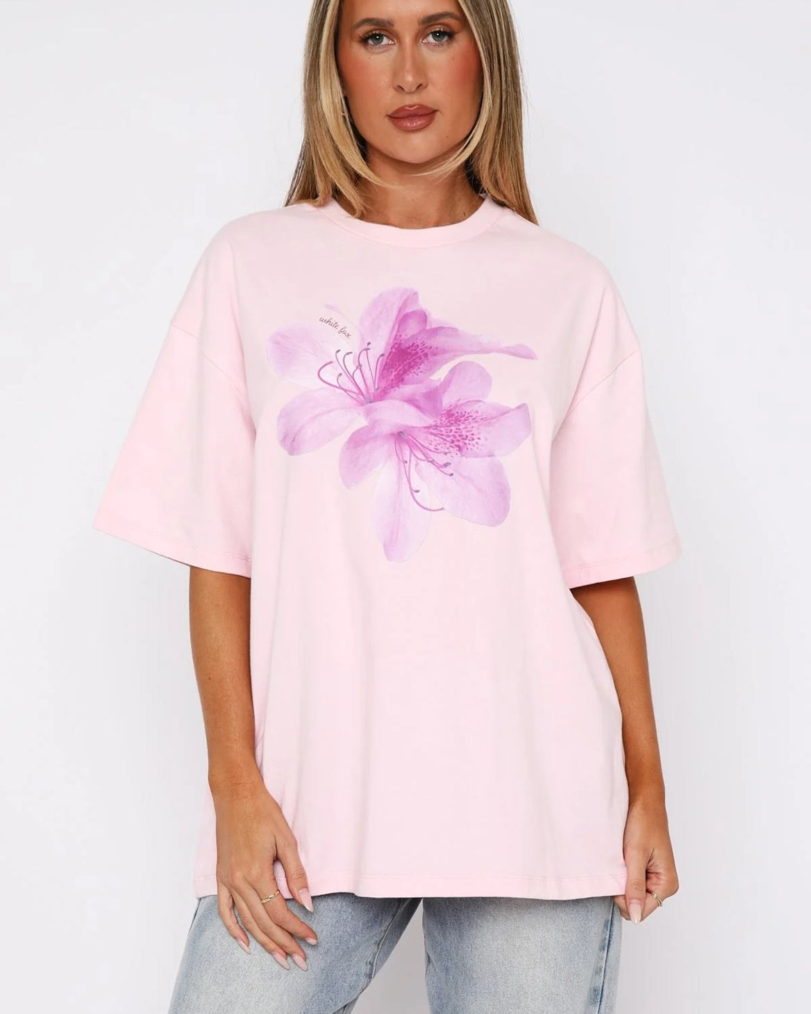 Kadın Lila Çiçek Desenli Oversize Pembe Tişört %100 Pamuk