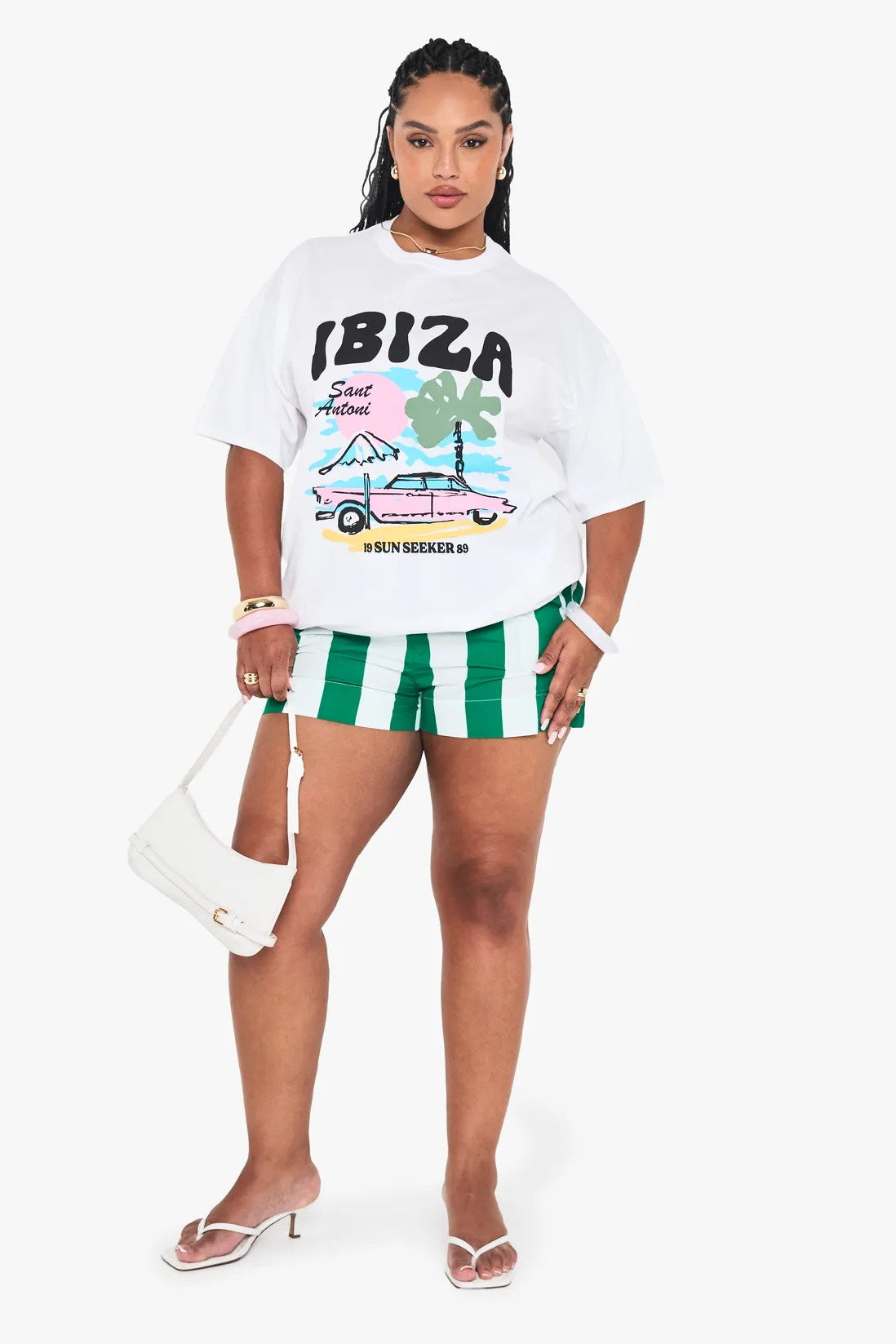 Büyük Beden Kadın Tişört %100 Pamuk Ibiza Baskılı Oversize Beyaz Yazlık
