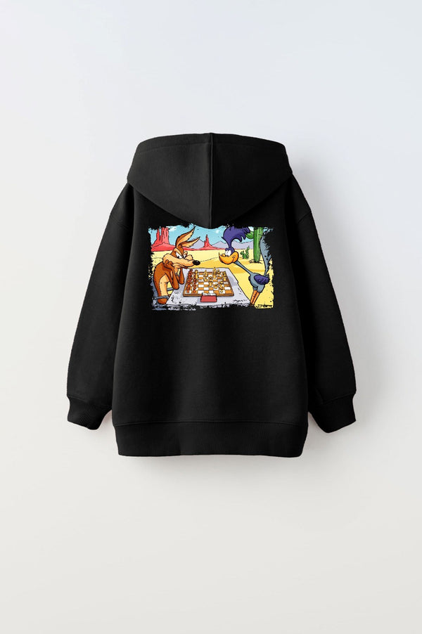 Kapüşonlu İçi Polar Satranç Cartoon  Baskılı Siyah Unisex Çocuk Hoodie Sweatshirt