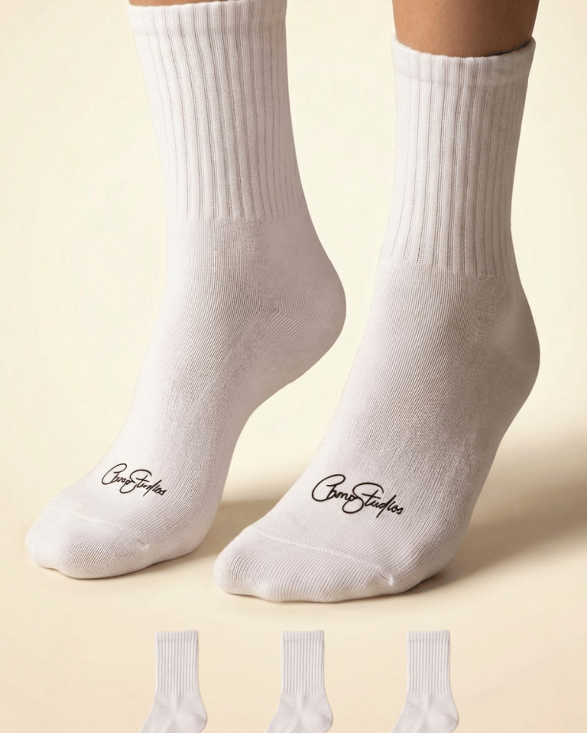 Unisex Düz Beyaz Ribanalı Uzun Çorap CHMP STUDIOS Baskılı – Nefes Alan Pamuklu Penye, 3’lı Paket