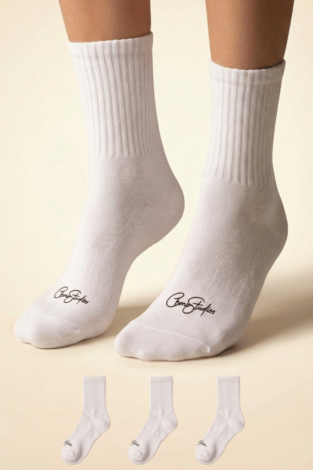 Unisex Düz Beyaz Ribanalı Uzun Çorap CHMP STUDIOS Baskılı – Nefes Alan Pamuklu Penye, 3’lı Paket