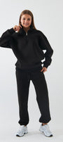 Unisex Oversize Sweatshirt Basic Siyah – Yarım Fermuar Dik Yaka, 3 İplik Şardonlu Polar