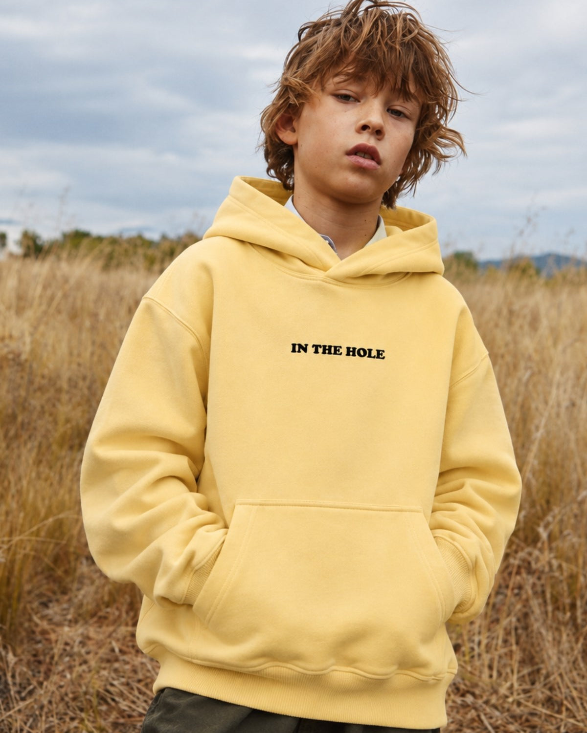 Erkek Çocuk Oversize Hoodie My Caddy Falls Baskılı Sarı – Kapüşonlu, Cepli, 3 İplik Polar