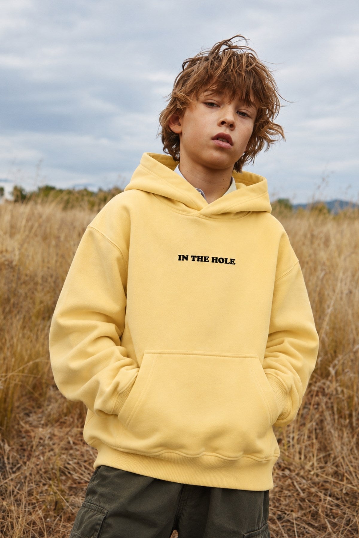 Erkek Çocuk Oversize Hoodie My Caddy Falls Baskılı Sarı – Kapüşonlu, Cepli, 3 İplik Polar