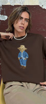 Kadın Oversize Sweatshirt Ranch Bear Baskılı Kahverengi – Bisiklet Yaka, 3 İplik Şardonlu Polar