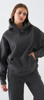  Oversize Unisex Sweatshirt Hoodie Füme – Kapüşonlu, 3 İplik Şardonlu Polar, Kanguru Cepli, Basic