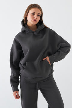 Oversize Unisex Sweatshirt Hoodie Füme – Kapüşonlu, 3 İplik Şardonlu Polar, Kanguru Cepli, Basic