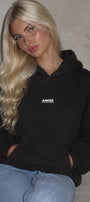 Kadın Oversize Hoodie Amore Baskılı Siyah – Kapüşonlu, Kanguru Cepli, 3 İplik Şardonlu Polar