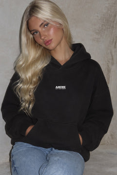 Kadın Oversize Hoodie Amore Baskılı Siyah – Kapüşonlu, Kanguru Cepli, 3 İplik Şardonlu Polar
