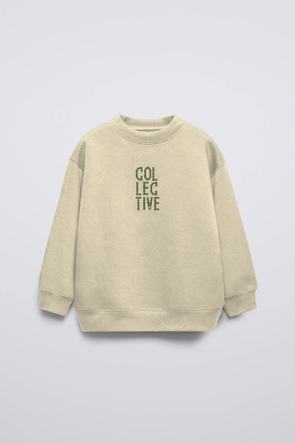 Bej Bisiklet Yaka Collective Yazılı Arka Fly Kn It Yazılı Oversize Çocuk Sweatshirt