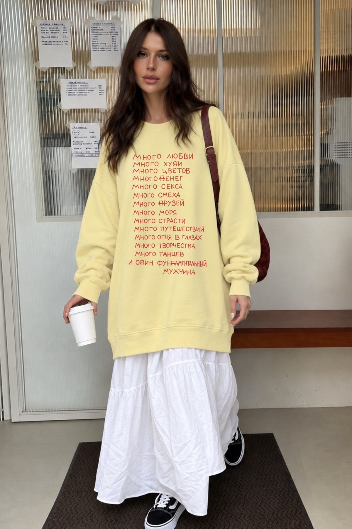 Kadın Oversize Sweatshirt Elbise More Love Baskılı Sarı – Bisiklet Yaka, 3 İplik Şardonlu Polar