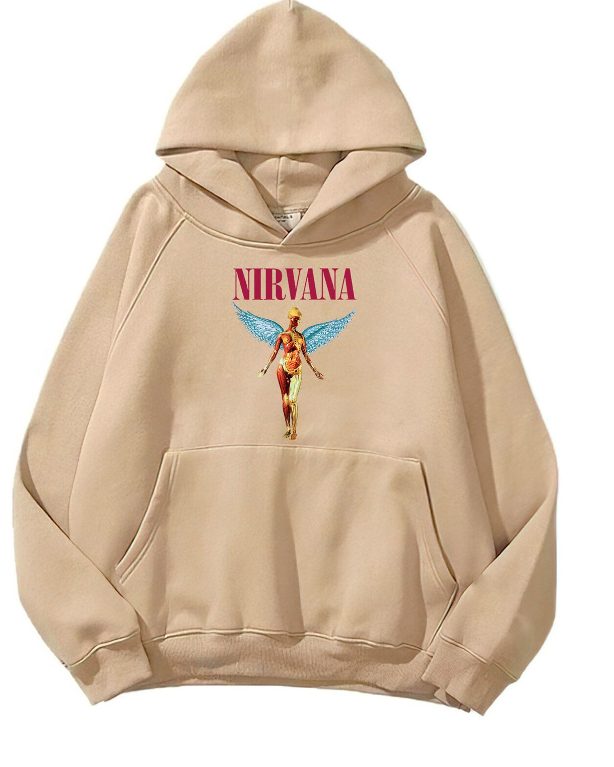 Kapüşonlu İçi Polar Nirvana Angel Baskılı Bej Unisex Hoodie Sweatshirt
