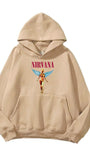 Kapüşonlu İçi Polar Nirvana Angel Baskılı Bej Unisex Hoodie Sweatshirt