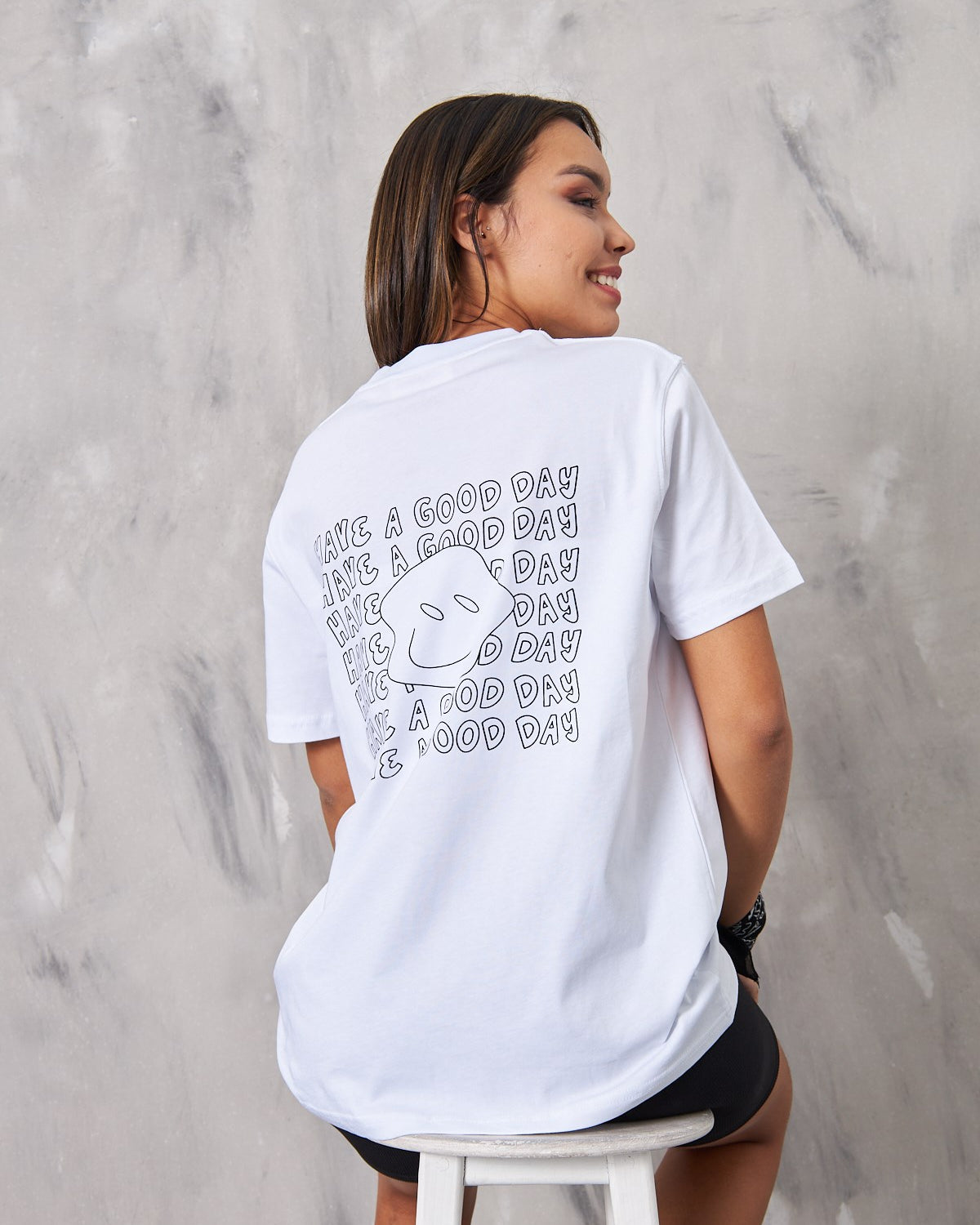 Have A Good Day Yazılı Gülen Yüz Tasarım Baskılı Beyaz Kadın T-Shirt