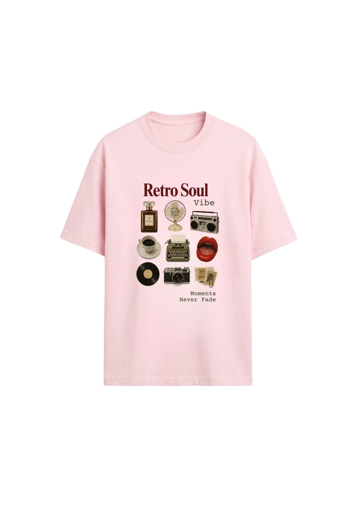 Kadın Oversize Tişört Retro Soul Vibe Baskılı Pembe – Bisiklet Yaka, Rahat Kalıp, %100 Pamuk