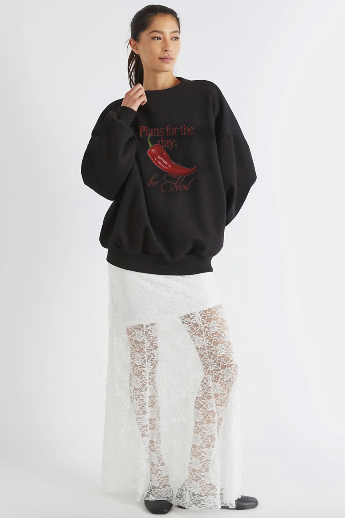 Kadın Oversize Sweatshirt Be Hot Baskılı Siyah – Bisiklet Yaka, 3 İplik Şardonlu Polar
