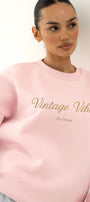Kadın Oversize Sweatshirt Vintage Vibes Baskılı Pembe – Bisiklet Yaka, 3 İplik Şardonlu Polar