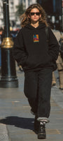 Kadın Oversize Hoodie Seventies Party Baskılı Siyah - Kapüşonlu, Kanguru Cepli, 3 İplik Polar