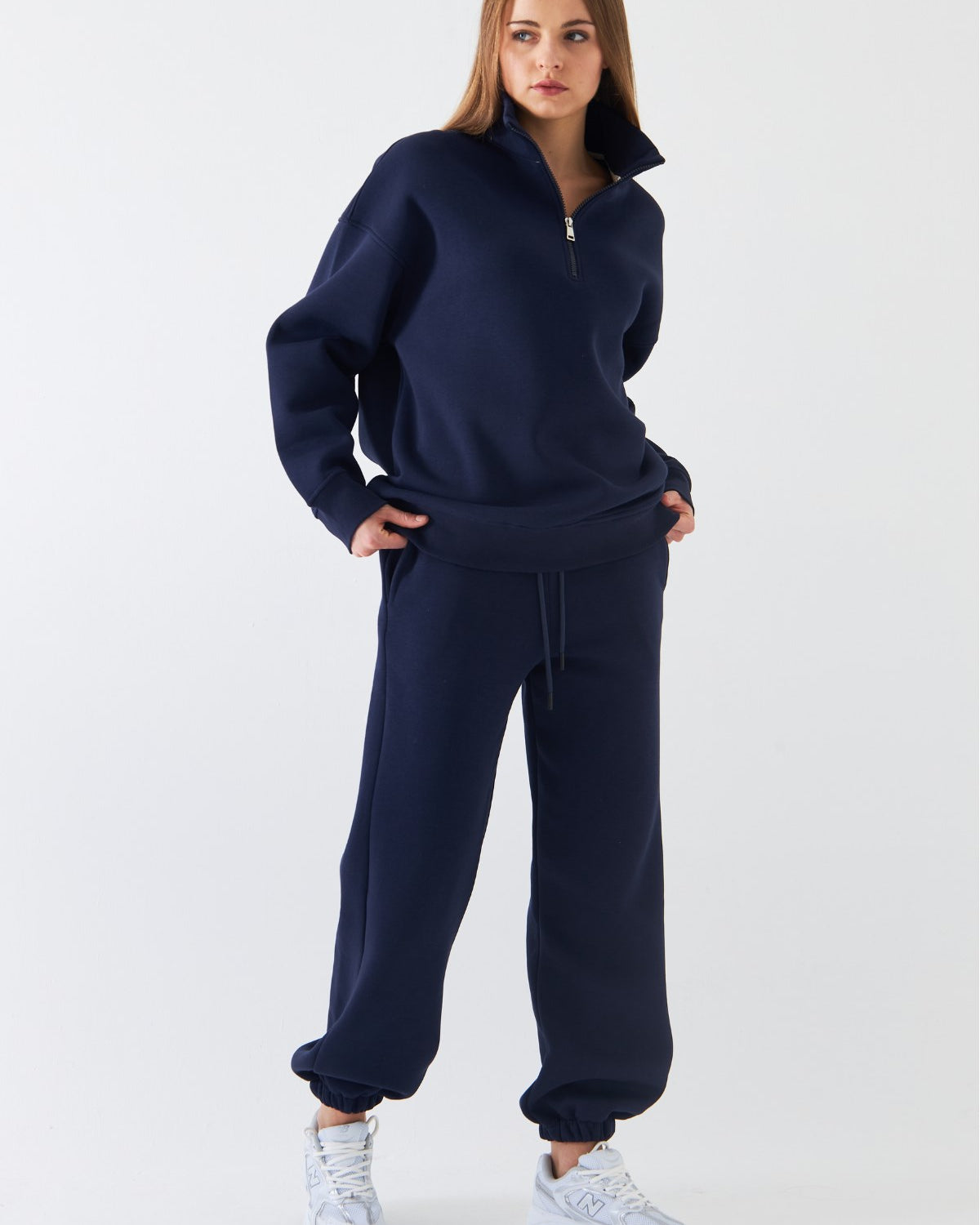 Unisex Oversize Eşofman Takımı Basic Lacivert – Fermuarlı Dik Yaka, Lastikli Paça, 3 İplik Şardonlu Polar