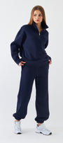 Unisex Oversize Eşofman Takımı Basic Lacivert – Fermuarlı Dik Yaka, Lastikli Paça, 3 İplik Şardonlu Polar