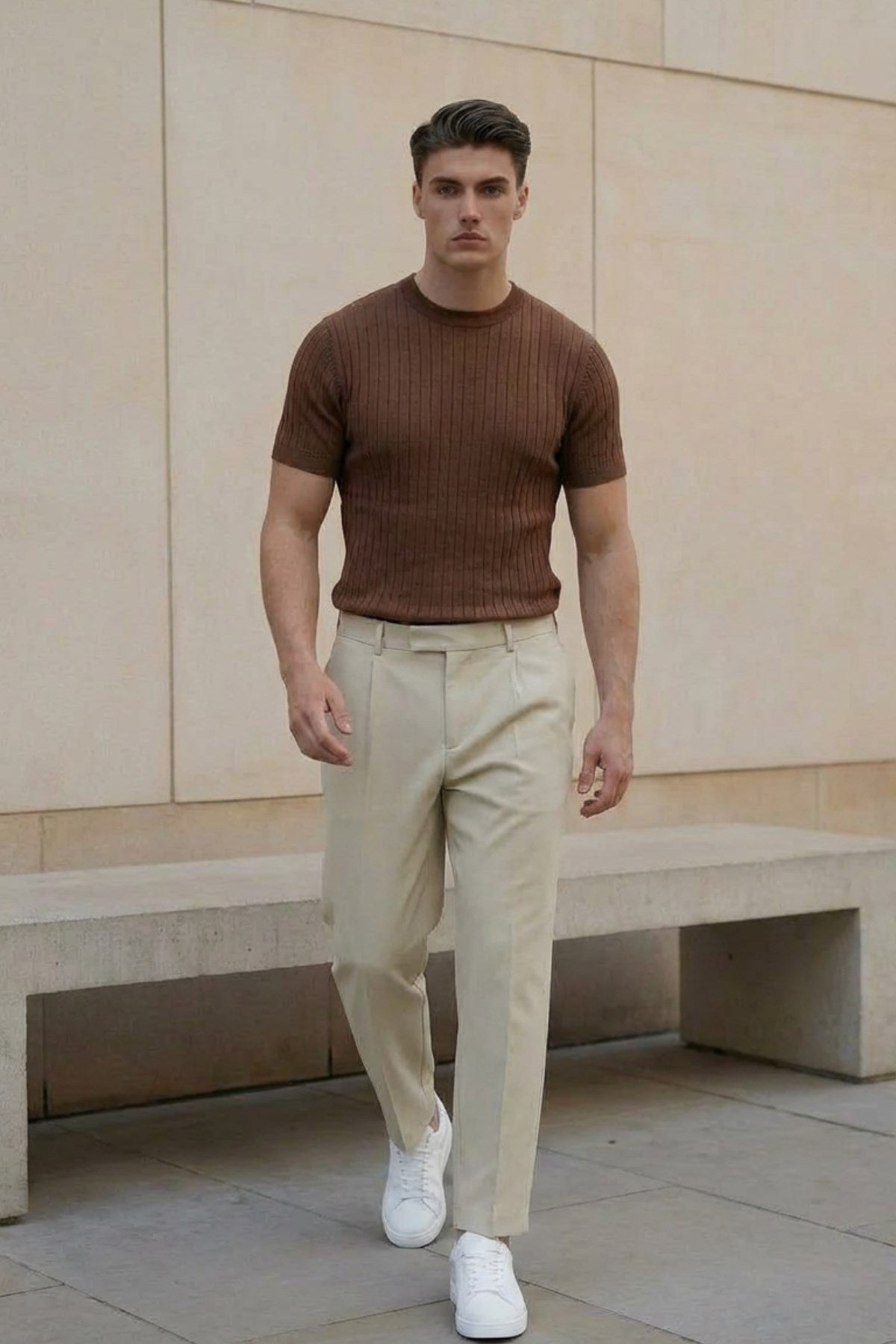 Erkek Dokulu Fitilli Triko Tişört Kahverengi - Bisiklet Yaka, Fit, Yazlık, Örme