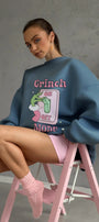 Kadın Oversize Sweatshirt Elbise Grinch Mode Baskılı Marine – Bisiklet Yaka, 3 İplik Şardonlu Polar