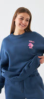 Kadın Oversize Sweatshirt Piglet Dreams Baskılı Marine – Bisiklet Yaka, 3 İplik Şardonlu Polar
