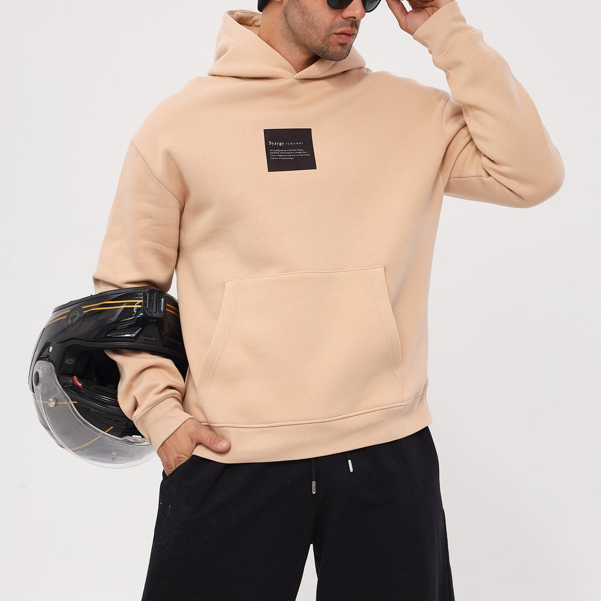 Kapüşonlu İçi Polar Syzygy Yazı Baskılı Bej Oversize Hoodie Sweatshirt