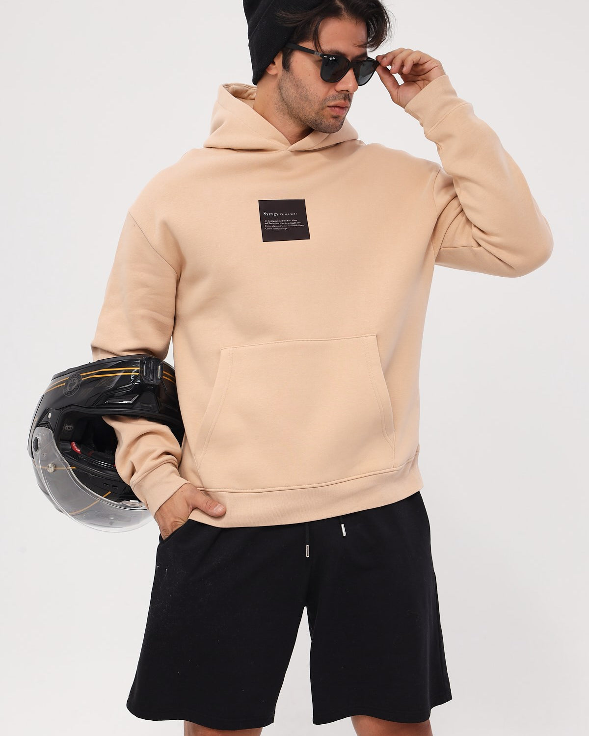 Kapüşonlu İçi Polar Syzygy Yazı Baskılı Bej Oversize Hoodie Sweatshirt
