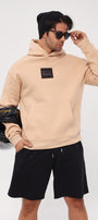 Kapüşonlu İçi Polar Syzygy Yazı Baskılı Bej Oversize Hoodie Sweatshirt