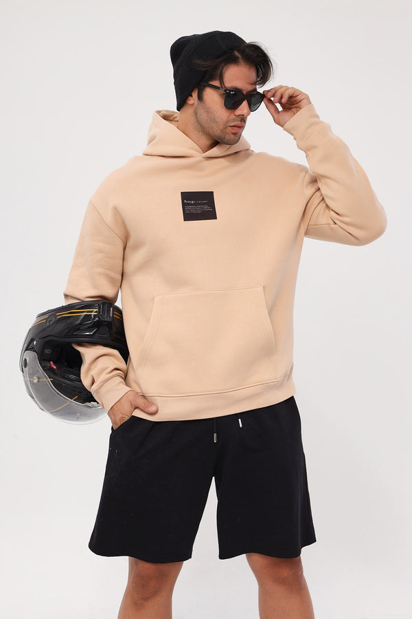 Kapüşonlu İçi Polar Syzygy Yazı Baskılı Bej Oversize Hoodie Sweatshirt