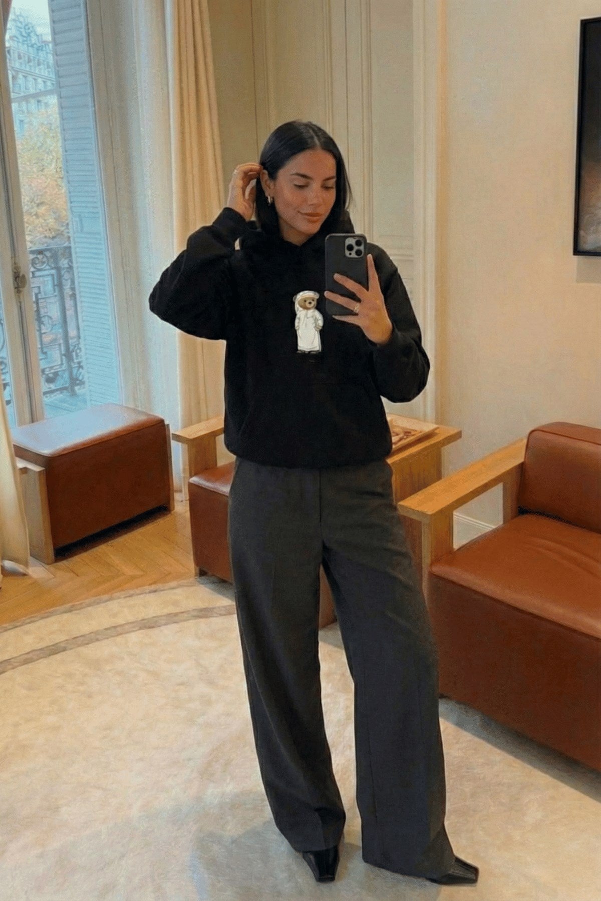 Kadın Oversize Sweatshirt Hoodie Emirati Bear Siyah – Kapüşonlu, 3 İplik Polar, Kanguru Cepli