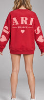 Kadın Oversize Sweatshirt Paris 3D Baskılı Kırmızı – Bisiklet Yaka, Kol ve Sırt Baskılı, 3 İplik